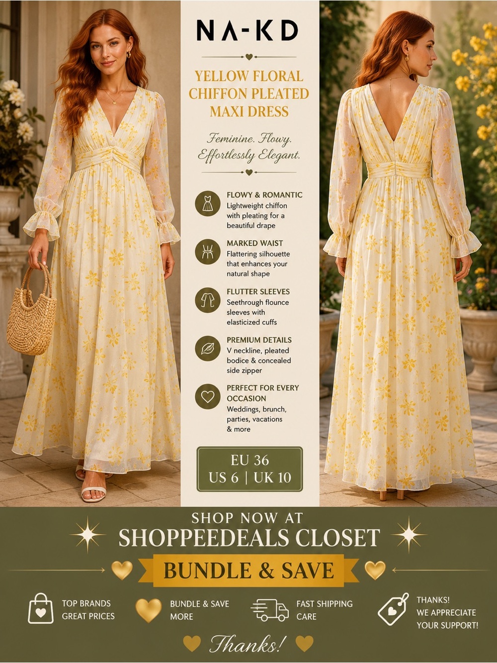 NA-KD Yellow Floral Chiffon Pleated Maxi Dress